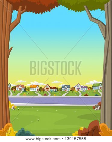 Colorful houses in suburb neighborhood. Green park landscape with grass, trees, flowers and clouds.
