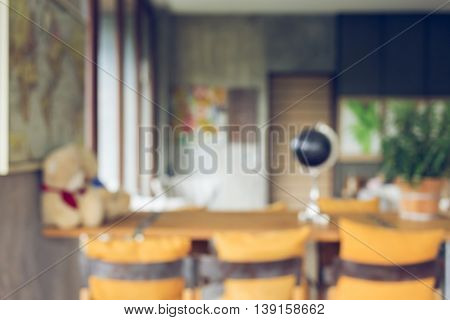 Image Blur Background, Living Room Interior Decoration Cafe Coffee With Wooden Bar And Chair Barstoo