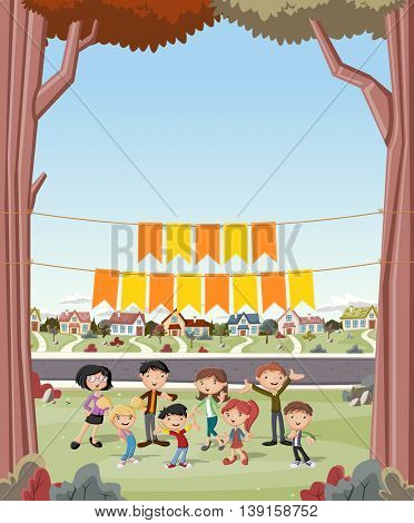 Banner over cartoon family in suburb neighborhood. Green park landscape with grass, trees, and houses.
