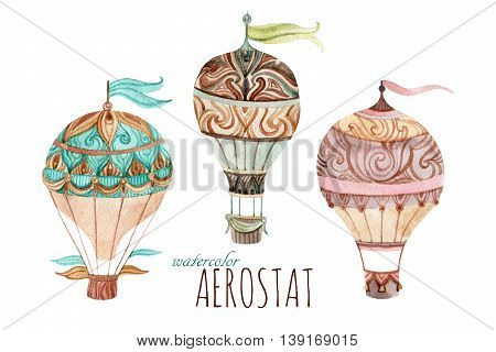 Aerostat vintage set. Watercolor hot air balloon set. Hand painted illustrations isolated on white background
