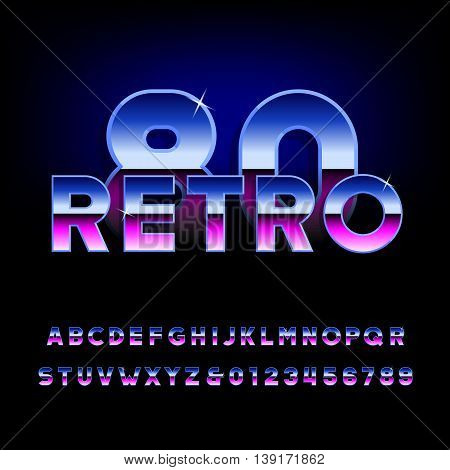 80's retro alphabet font. Metallic effect shiny letters and numbers. Light glare sparkle. Vector typeface.
