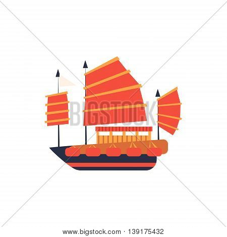 Chines Junk Boat With Red Sail Flat Bright Color Primitive Drawn Vector Icon Isolated On White Background