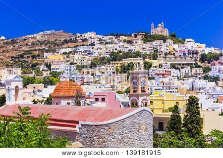 Colors of Greece - vivid sunny Syros , view of Ano Syros village