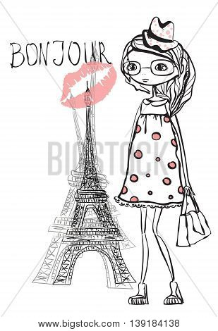 Fashion vector girl in Paris, trendy background