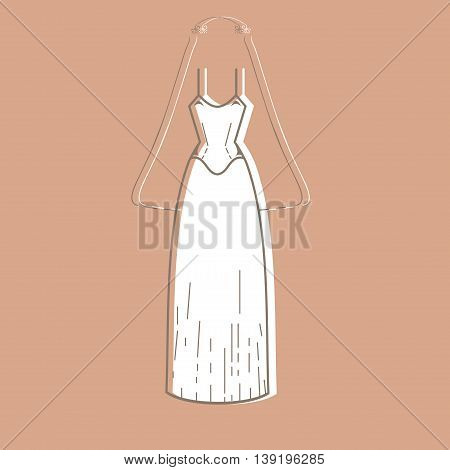 Wedding dress. Clothing for celebration. Outline Wedding dress on colorful background. Classic wedding dress stock image