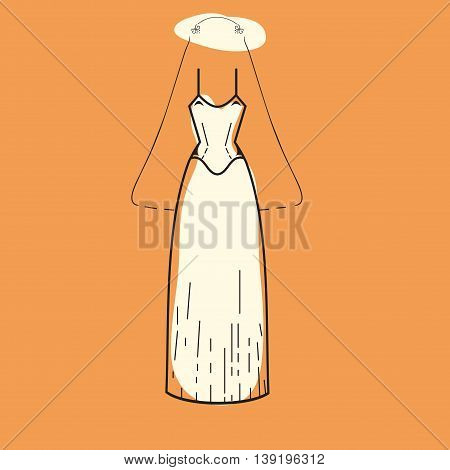 Wedding dress. Clothing for celebration. Outline Wedding dress on colorful background. Classic wedding dress stock image
