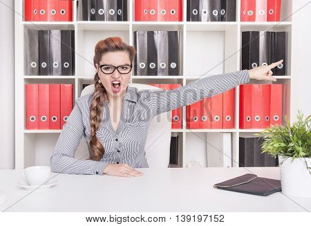 Angry Business Woman Boss Pointing Out. Dismissal Concept