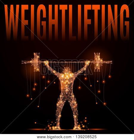Weightlifter raises the bar over your head in motion. Jolt or jerk weightlifting projectile. Element circuit training. Abstract silhouette of glowing lines and points. Vector illustration on black