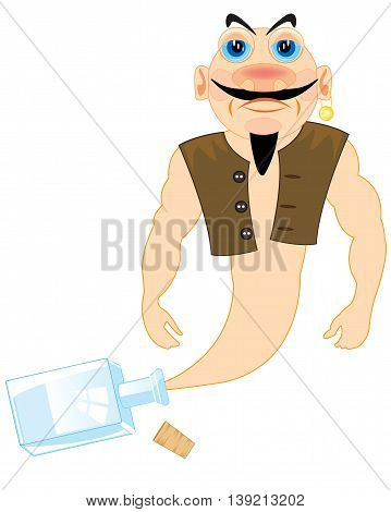 The Cartoon of the fairy-tale genie released from bottle.Vector illustration