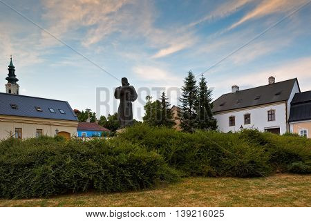Architecture of the old town of Nitra and statue of Pribina.