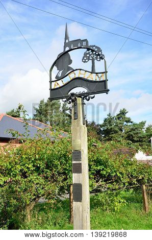 ALDHAM ESSEX UK 31 Aug 2014: Traditional village sign Village Sign