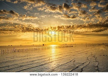 Sunrise Time Thai Fisherman Village In Bangtaboon Petchaburi, Thailand