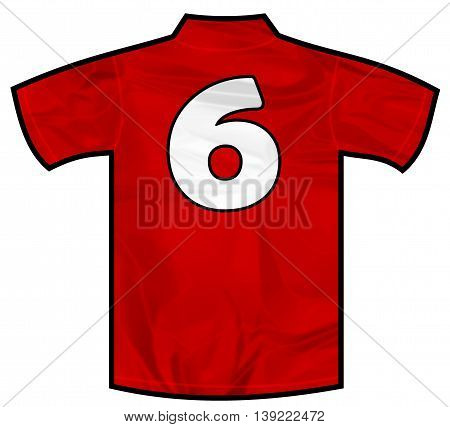 Number 6 six red sport shirt as a soccer, hockey, basketball,  rugby, baseball, volley or football team t-shirt. Like Spain or England or Russia national team