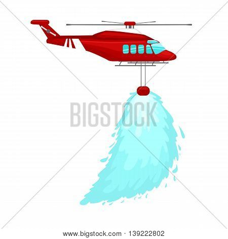 red emergency propeller helicopter in the air with water for extinguish danger fire. Rescue aircraft flight water transportation isolated vector illustration