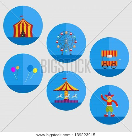 carnival tent, balloon,cart,clown,carousel and Ferris wheel in cartoon illustration.