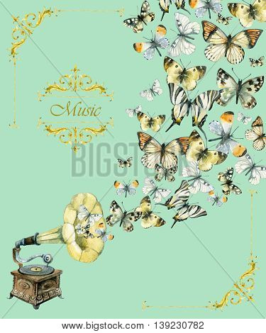 Vinyl gramophone and butterflies. Retro gramophone. Watercolor phonograph. Retro music poster. Hand painted illustration isolated on white background