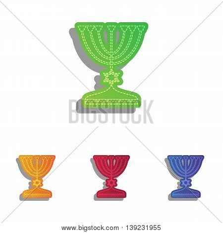 Jewish Menorah candlestick in black silhouette. Colorfull applique icons set.