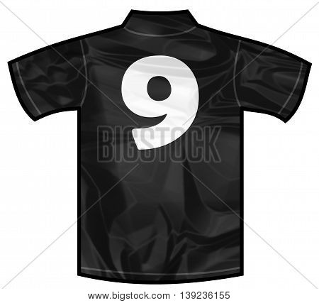 Number 9 nine Black sport shirt as a soccer, hockey, basket, rugby, baseball, volley or football team t-shirt. For the goalkeeper or the referee or New Zeland team