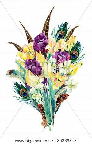 Watercolor flowers bouquet. Watercolor floral garden card with tulip daffodil iris and feathers. Flowers isolated on white background. Floral illustration for greetings invitations wedding design