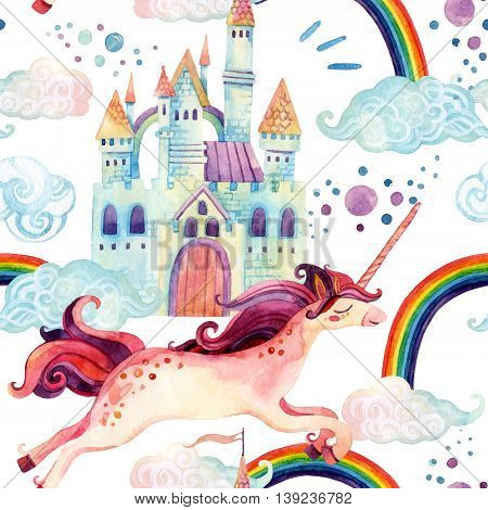 Watercolor little unicorn seamless pattern. Watercolor fairy tale with flying unicorn rainbow magic clouds and rain on white background. Hand painted fairy tale elements for kids children design