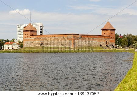 View of the Gediminas Castle from the lake. Lida. Belarus.