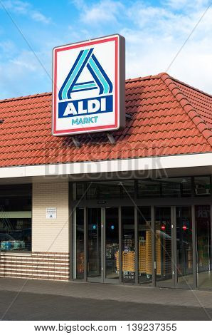 OLDENZAAL NETHERLANDS - NOVEMBER 3 2015: Aldi store logo. Aldi is an internationally operating German chain of discount supermarkets founded in 1946 in Essen by the brothers Karl and Theo Albrecht