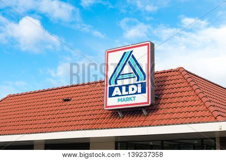 OLDENZAAL NETHERLANDS - NOVEMBER 3 2015: Aldi store logo. Aldi is an internationally operating German chain of discount supermarkets founded in 1946 in Essen by the brothers Karl and Theo Albrecht