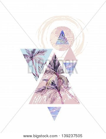 Abstract summer background. Triangles with palm tree leaf and marble grunge textures. Geometric design for t-shirt flyer or poster in retro vintage 80s 90s. Hand painted summer beach illustration