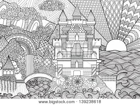 Zendoodle castle landscape for background, adult coloring and design element. Stock vector.