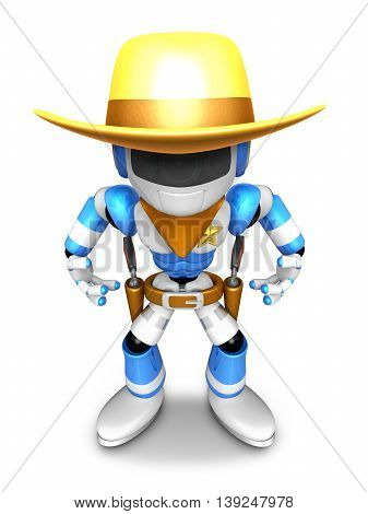 3D Blue Robot Sheriff Is Taking Pose A Gunfight. Create 3D Humanoid Robot Series.