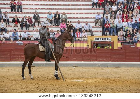 Jaen SPAIN - October 13 2008: Alvaro Montes bullfighter on horseback spanish witch garrocha (blunt lance used on ranches) Jaen Spain