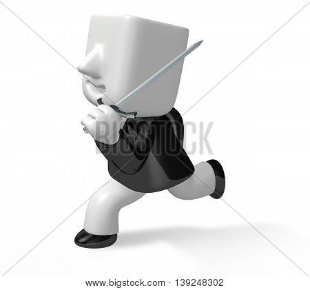 3D Business Man Running With A Sword And Briefcase