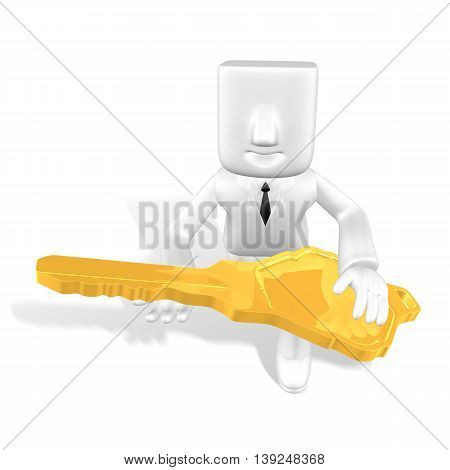 3D Business Man Showing Up The Gold Key On His Hand