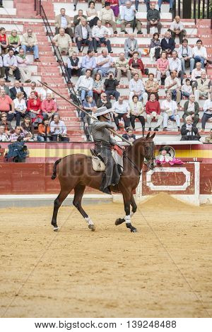 Jaen SPAIN - October 13 2008: Alvaro Montes bullfighter on horseback spanish witch garrocha (blunt lance used on ranches) Jaen Spain
