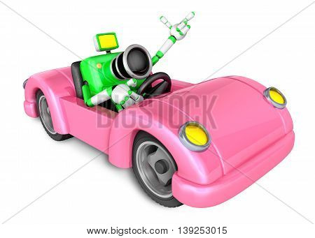Driving A Pink Convertible Car In Green Camera Character. Create 3D Camera Robot Series.