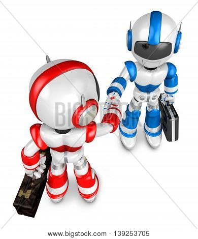 Shake Hands Blue Robot And Red Robot Facing Each Other. Create 3d Humanoid Robot Series.