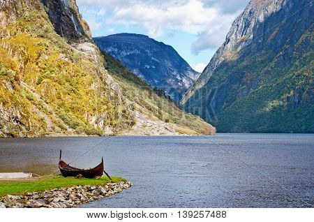 Old viking boat in Sognefjord in  Norway