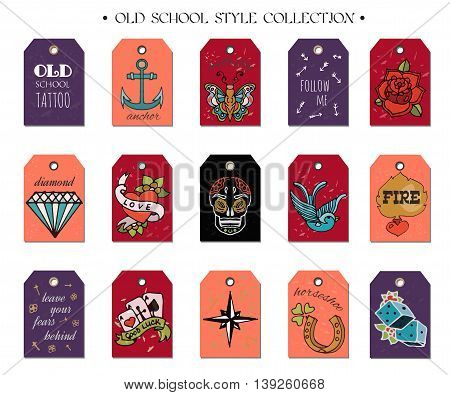Hand drawn old School Tattoo Tags. Design Elements. Vector Vintage Set.