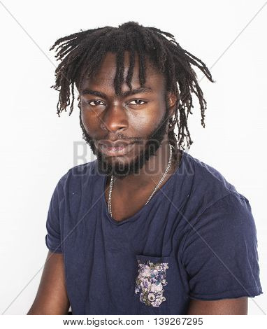 young attractive african american man isolated thinking emotional on white close up, lifestyle people concept, hipster guy