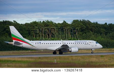Frankfurt - July 16 2016 : Bulgarian Airlines airplane taking off at Frankfurt airport.