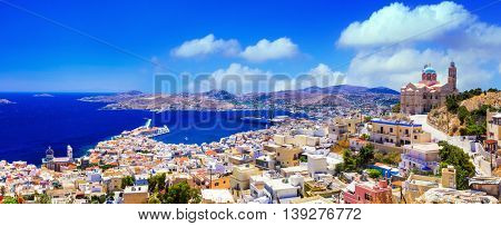 Syros island - panoramic view with church and port, Ermoupoli. Greece