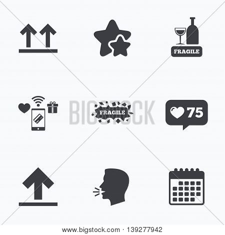 Fragile icons. Delicate package delivery signs. This side up arrows symbol. Flat talking head, calendar icons. Stars, like counter icons. Vector