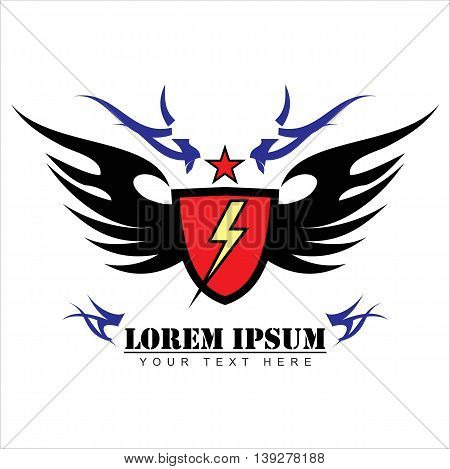shield wings with the star and light icon. red shield with the black flame. winged red shield and red star