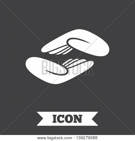 Helping hands sign icon. Charity or endowment symbol. Human palm. Graphic design element. Flat helping hands symbol on dark background. Vector