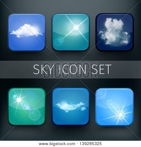 Set of modern realistic icons with sun and clouds. Vector illustration.