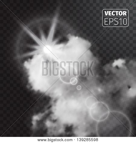 Realistic sun flare with clouds on transparent background. Vector illustration.