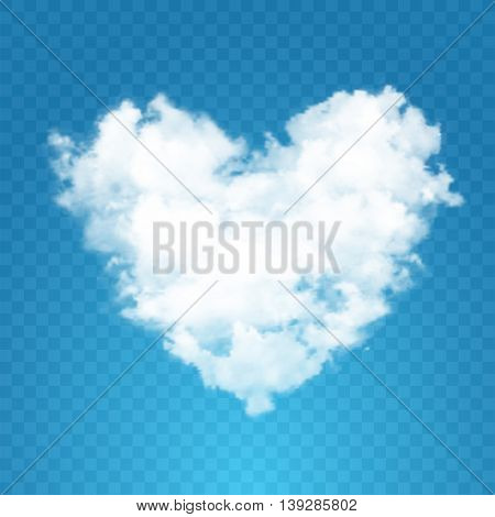 Realistic vector cloud heart with sun. Blue sky background.