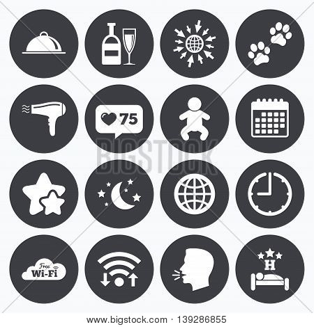 Calendar, wifi and clock symbols. Like counter, stars symbols. Hotel, apartment service icons. Restaurant sign. Alcohol drinks, wi-fi internet and sleep symbols. Talking head, go to web symbols. Vector