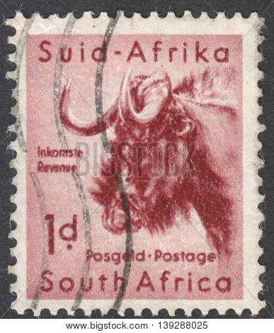 MOSCOW RUSSIA - CIRCA JANUARY 2016: a post stamp printed in SOUTH AFRICA shows a black wildebeest the series 