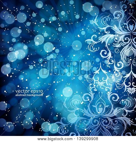 Abstract floral pattern on a blue background, made of transparent rays, stars, bokeh. Magical fantasy flowers design card.  Vector illustration.